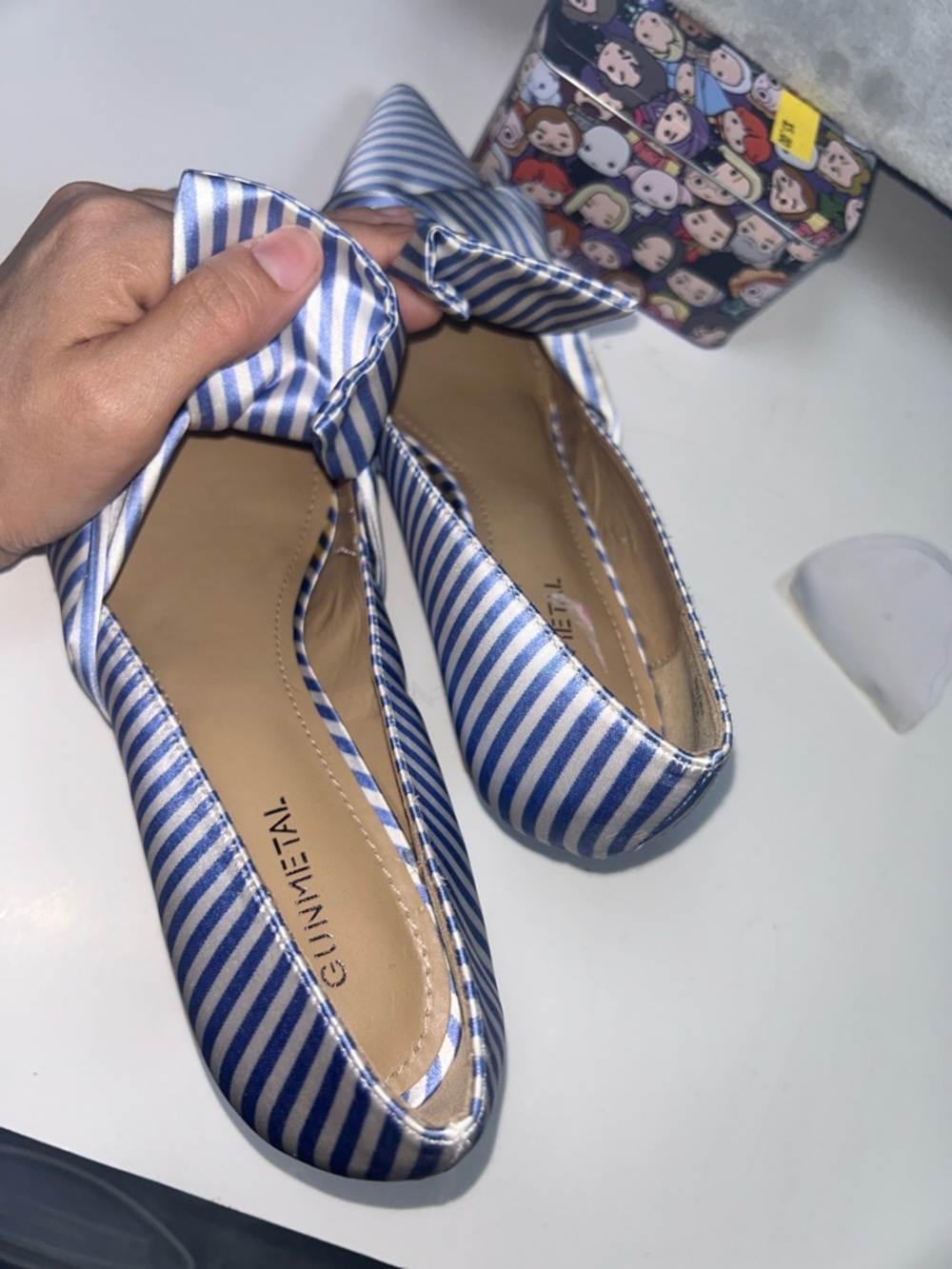 Gunmetal Gunnii Blue White Striped Knot Pointed-Toe Flats - Picture 9 of 10
